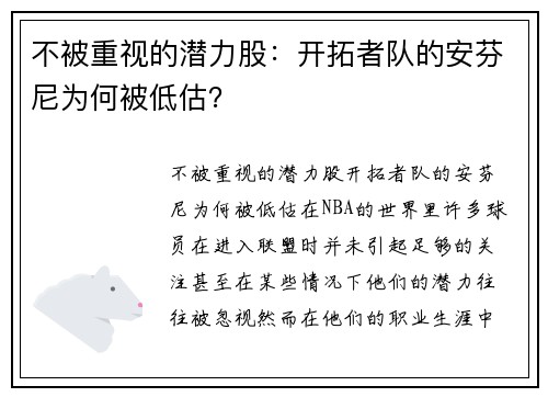 不被重视的潜力股：开拓者队的安芬尼为何被低估？