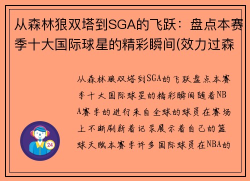 从森林狼双塔到SGA的飞跃：盘点本赛季十大国际球星的精彩瞬间(效力过森林狼的球星)