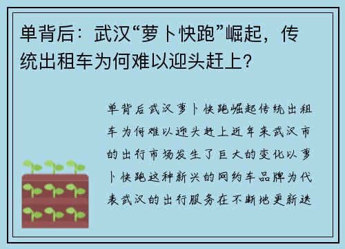 单背后：武汉“萝卜快跑”崛起，传统出租车为何难以迎头赶上？