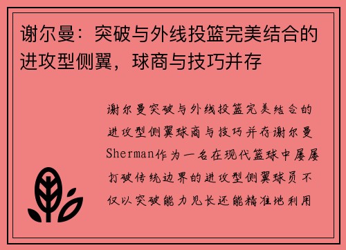 谢尔曼：突破与外线投篮完美结合的进攻型侧翼，球商与技巧并存