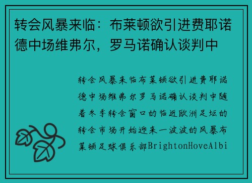 转会风暴来临：布莱顿欲引进费耶诺德中场维弗尔，罗马诺确认谈判中