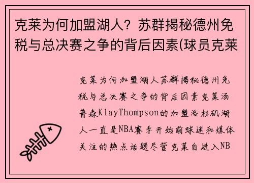 克莱为何加盟湖人？苏群揭秘德州免税与总决赛之争的背后因素(球员克莱)